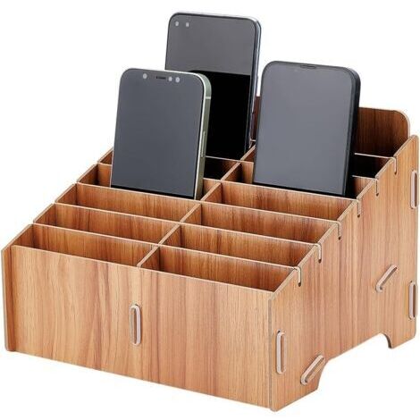 14 Ccellules Organisateur de Téléphone Portable en Bois, Portable Détachable Organisateur de Bureau Créatif pour Organisateur de Bureau de Bureau, Couleur Chocolat, 21.8x17.6x15 cm