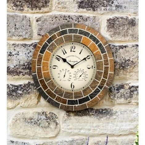 14" Classic Wall Clock Stone Mosaic with Thermometer 14"