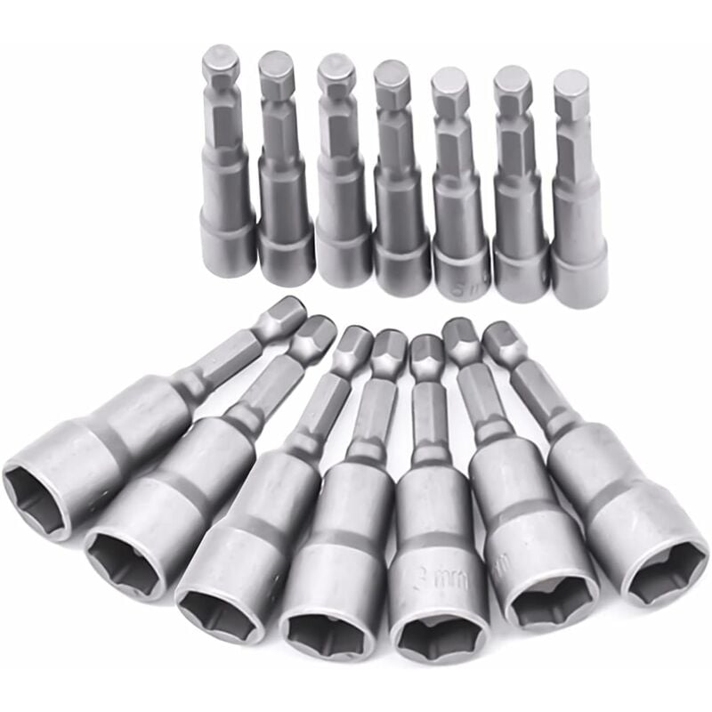 14 douilles de tournevis 6-19 mm – Adaptateur d'embout, tête hexagonale pour perceuse à main, tournevis électrique, clé à douille (acier à roulement