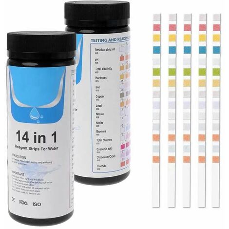 14 en 1 Bandelettes De Test Ph pour Piscines Et Thermes, Test De Qualité De l'eau Bandelettes De Test d'eau Potable sur Chlore/Chlore Libre/pH/Alcalinité/Acide Cyanurique/Dureté du Liquide