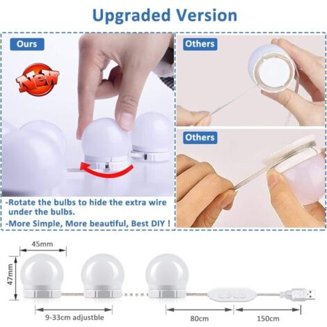 14-flammiges LED-Schminkspiegel-Beleuchtungsset, dimmbarer Hollywood-LED-Spiegel, USB-Schminkspiegelleuchte mit Schalter und Kabel, 3 Farben und 10 Helligkeitsstufen, selbstklebende Make-up-Beleuchtun