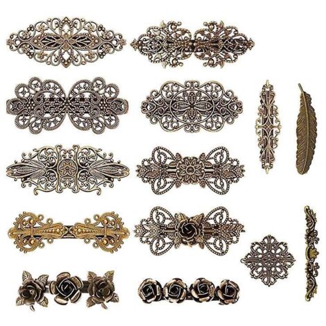 14 französische Haarspangen, Vintage-Bronze, Rose, Blumen, Wellen, Feder, Krone, Geschenk für Frauen oder Mädchen