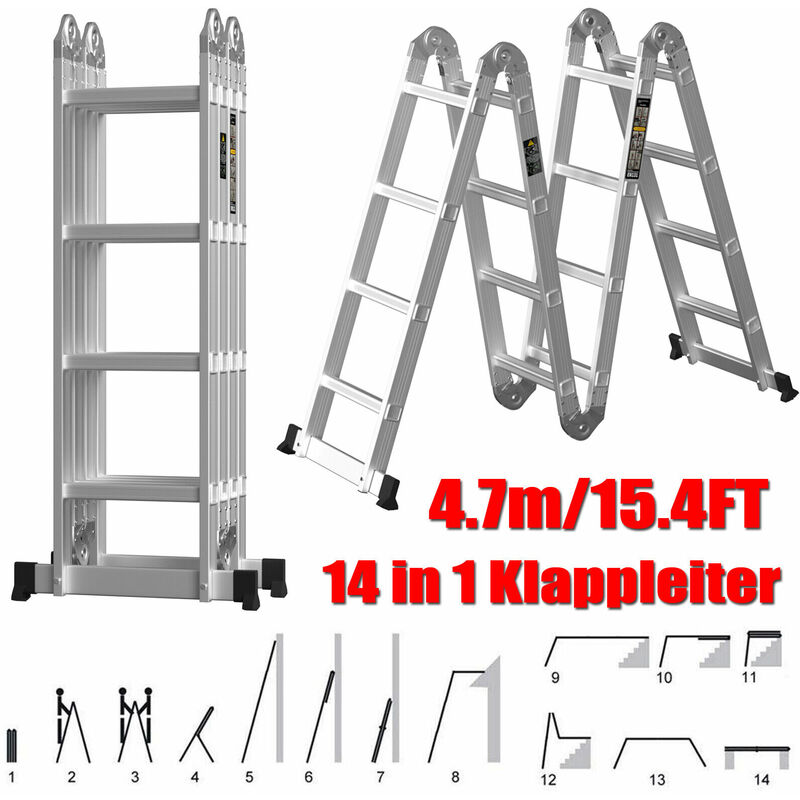 14 in 1 4.7M Multi Purpose Aluminium Extension Ladder Step Platform Tool Tray