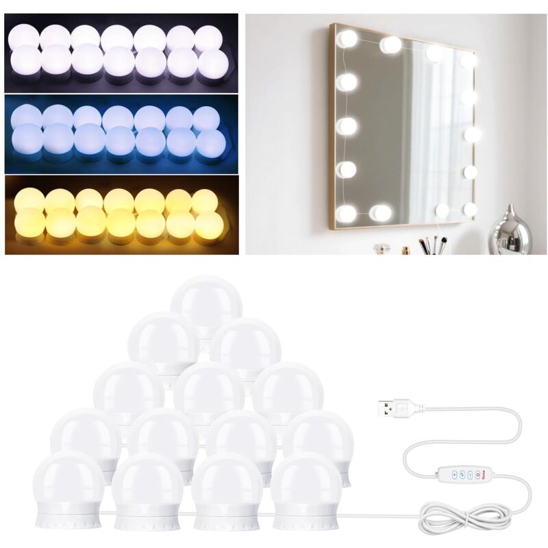 14 LED lumiere Miroir, Lumiere Coiffeuse - 3 couleurs, Led Coiffeuse, Style Hollywoodien, Lampe de Maquillage, éclairage pour coiffeuse, pour miroir