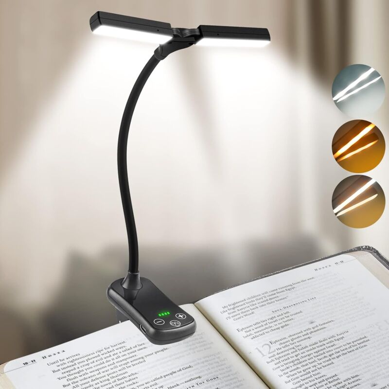 Linghhang - 14 LEDs Lampe de Lecture Double Tête, Liseuse Lampe Clip usb Rechargeable, Lumière du Livre 360° Cou Flexible, 3 Couleur& Gradation