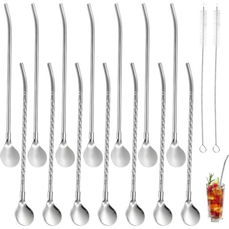 14 pajitas de acero inoxidable, cucharas, pajitas reutilizables con cuchara, 2 en 1 con 2 cepillos de limpieza, aptas para bebidas latte macchiato, batidos, helados, plata