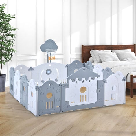 ABRIHOME 14 Panels Foldable Playpen with Basketball Hoop for Babies and Toddlers(160x160cm), Castle Kids Play Yard