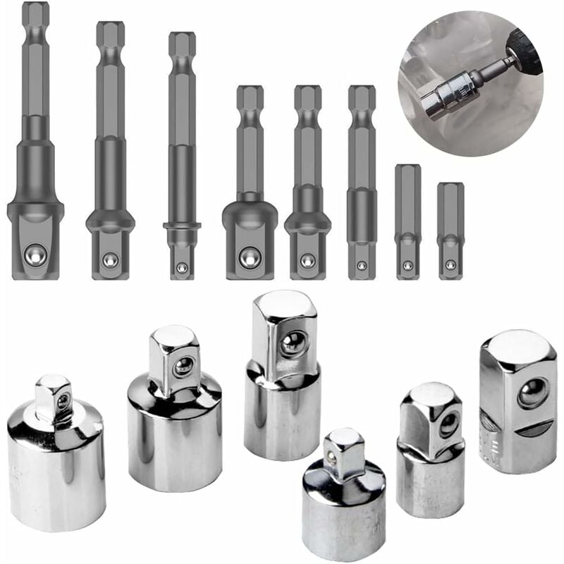 14 Pcs Adaptateur Douille Visseuse Cle a Choc Cliquet 1/2' 3/8' 1/4', 8 Pcs Socket Adaptateurs Réducteurs + 6 Pcs Socket Extension Adaptateur Bit Set