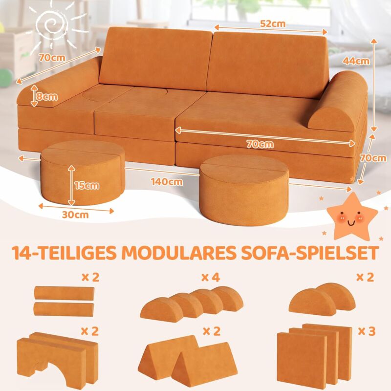 Tlgreen - 14 Pièces Canapé Modulaire pour Enfants, Canapé Enfant Convertible, Canapé de Jeu Pliable(Orange)