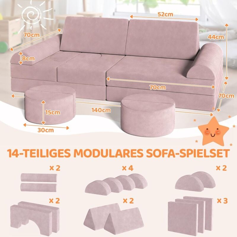 Tlgreen - 14 Pièces Canapé Modulaire pour Enfants, Canapé Enfant Convertible, Canapé de Jeu Pliable(Rose)