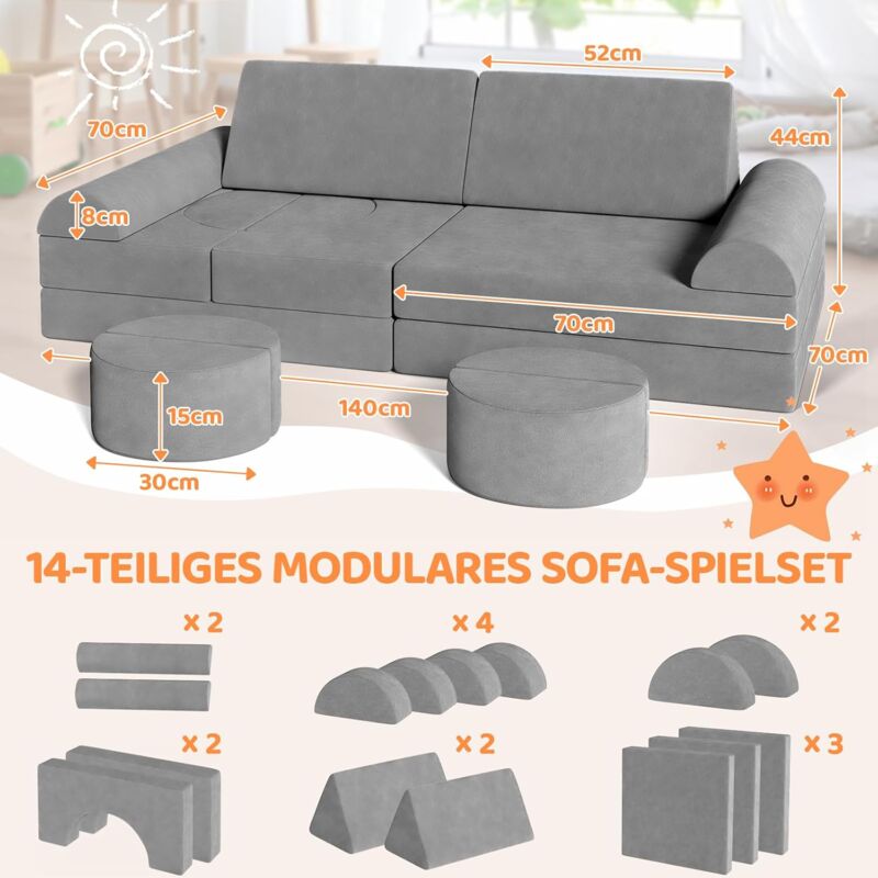 Tlgreen - 14 Pièces Canapé Modulaire pour Enfants, Canapé Enfant Convertible, Canapé de Jeu Pliable(Gris)