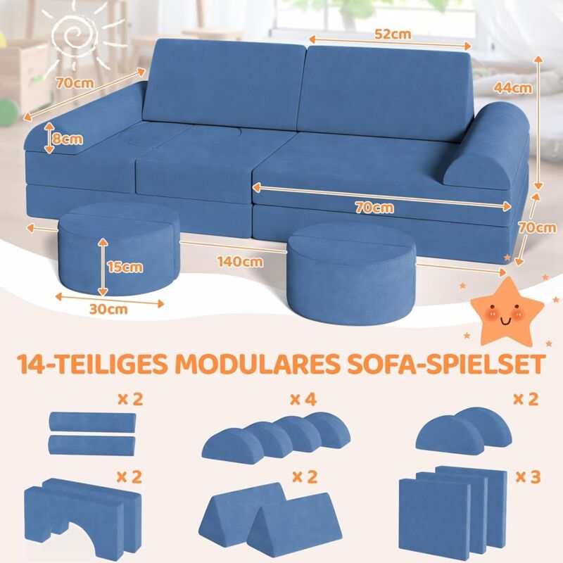 Tlgreen - 14 Pièces Canapé Modulaire pour Enfants, Canapé Enfant Convertible, Canapé de Jeu Pliable(Bleu)
