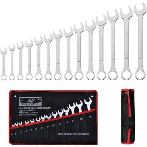 14 Pièces Clé Plate à Cliquet, 8-24 mm Jeu de Clé Plate Mixtes en Acier au Chrome Vanadium, Trousse Enroulable Bricolaget, Clef a Cliquet Polygonales pour la Fixation et le Démontage