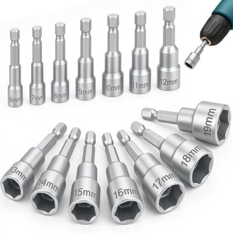 14 Pièces Douille Visseuse Magnétiques,6-19mm Embouts de Vissage, Adaptateur Embout, pour Perceuse ou Tournevis (Acier au Chrome Vanadium)