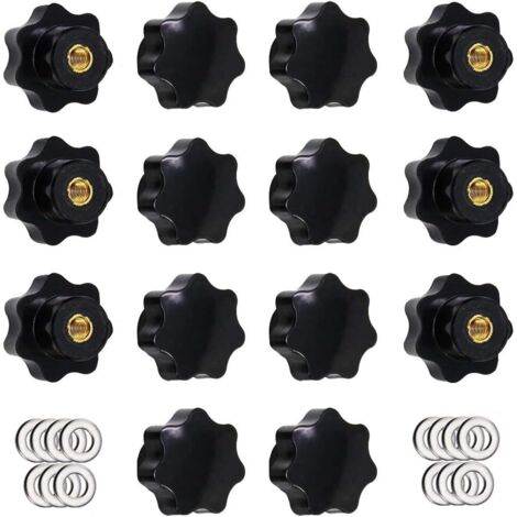 14 Pièces M6 Bouton de Serrage à Filetage Moleté, Poignée en étoile, Boutons à Main en Forme d'étoile Bouton de Serrage en Plastique Noir avec Rondelles