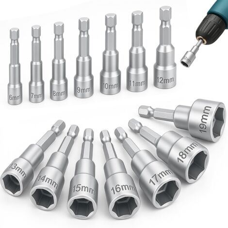 14 Stück magnetische Schraubendreher-Bits, 6–19 mm Schraubendreher-Bits, Bit-Adapter, für Bohrmaschine oder Schraubendreher (Chrom-Vanadium-Stahl)
