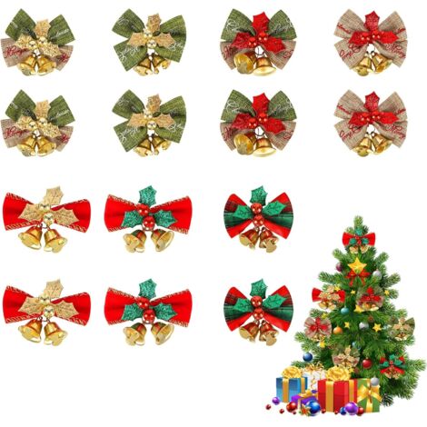 14-teiliges Set Weihnachtsschleifen mit Glöckchen, Mini-Weihnachtsbaumschleifen, Weihnachtskränze-Schleifen mit Glöckchen