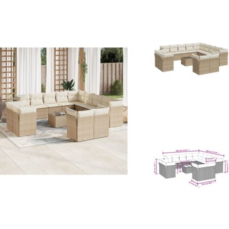 14-tlg. Garten-Sofagarnitur mit Kissen Beige Poly Rattan - Gartenmöbel - PE-Rattan Möbel - Outdoor Sofa Set - Lounge Set - Esstisch