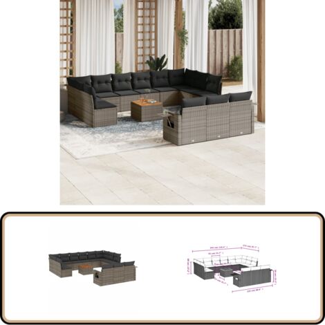 14-tlg. Garten-Sofagarnitur mit Kissen Grau Poly Rattan - Gartenmöbel - Esszimmergarnituren - Outdoor Möbel - Lounge Set - Rattan Gartenmöbel
