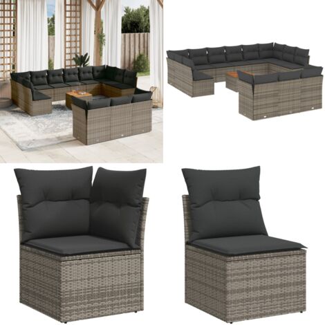 14-tlg. Garten-Sofagarnitur mit Kissen Grau Poly Rattan - Gartenmöbel Set - PE-Rattan Möbel - Outdoor Sofa - Lounge Set - Esstisch - Home & Living