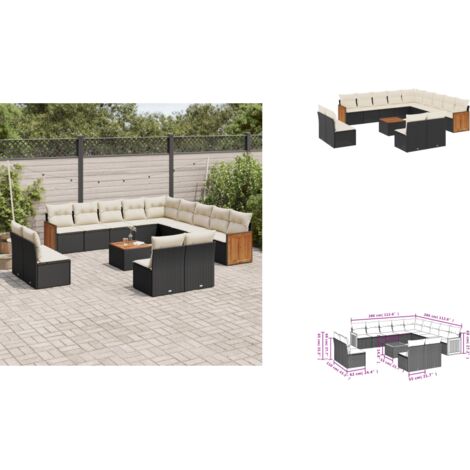 14-tlg. Garten-Sofagarnitur mit Kissen Schwarz Poly Rattan - Gartenmöbel - Esszimmergarnituren - Outdoor Möbel - Lounge Set - Rattan Gartenmöbel
