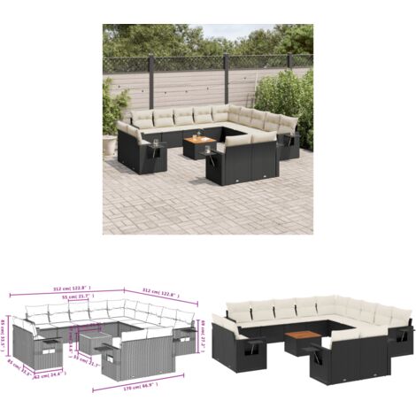 14-tlg. Garten-Sofagarnitur mit Kissen Schwarz Poly Rattan - Gartenmöbel - Esszimmergarnituren - Outdoor Möbel - Lounge Set - Rattan Gartenmöbel - Home & Living