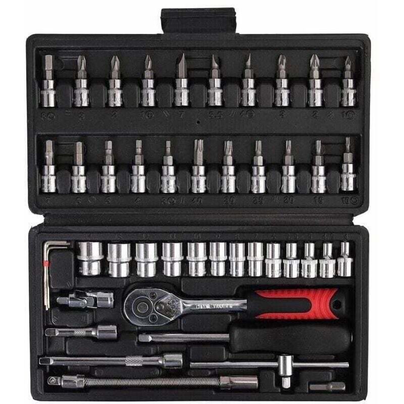 1/4" torque wrench, fully adjustable torque wrench with ratchet head (5–25 Nm), 46-piece hand tool set, small set of interchangeable wrenches,