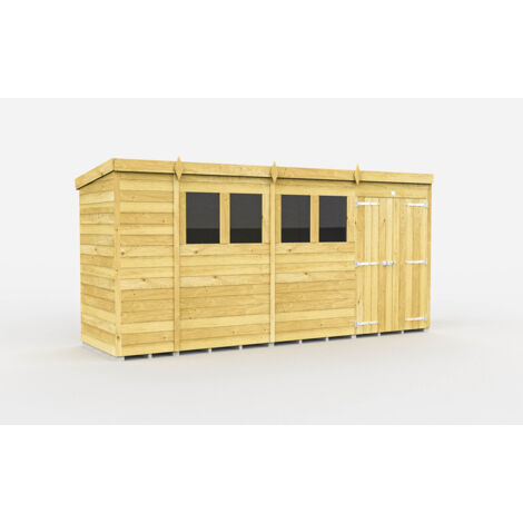 14 x 4 Feet Pent Shed - Double Door With Windows - Wood - L118 x W417 x H201 cm