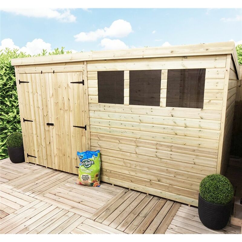 Marlborough Pent Sheds(bs) - 14 x 5 Pressure Treated Tongue And Groove Pent Shed With 3 Windows And Double Doors + Safety Toughened Glass