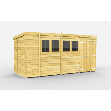14 x 6 Feet Pent Shed - Double Door With Windows - Wood - L178 x W417 x H201 cm