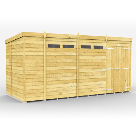 14 x 7 Feet Pent Security Shed - Double Door - Wood - L214 x W417 x H201 cm