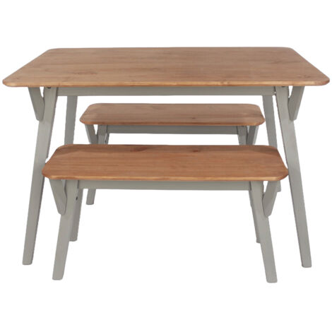 140 Cm Kitchen Table with 2 Bench Set - Pine - L80 x W140 x H75 cm - Grey - Flat Packed