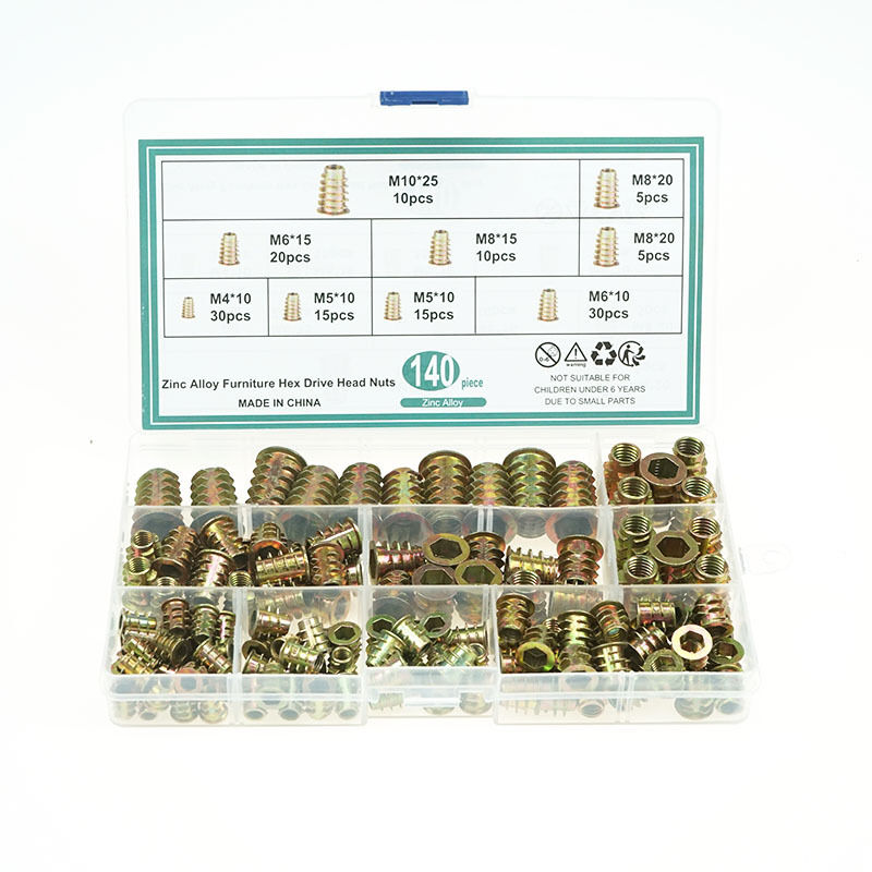 140 Pièces Insert Fileté Bois M4 M5 M6 M8 M10,Écrou à Visser en Alliage de Zinc Écrou à Bois à Insert Fileté Écrous à Six Pans Creux pour Meubles en