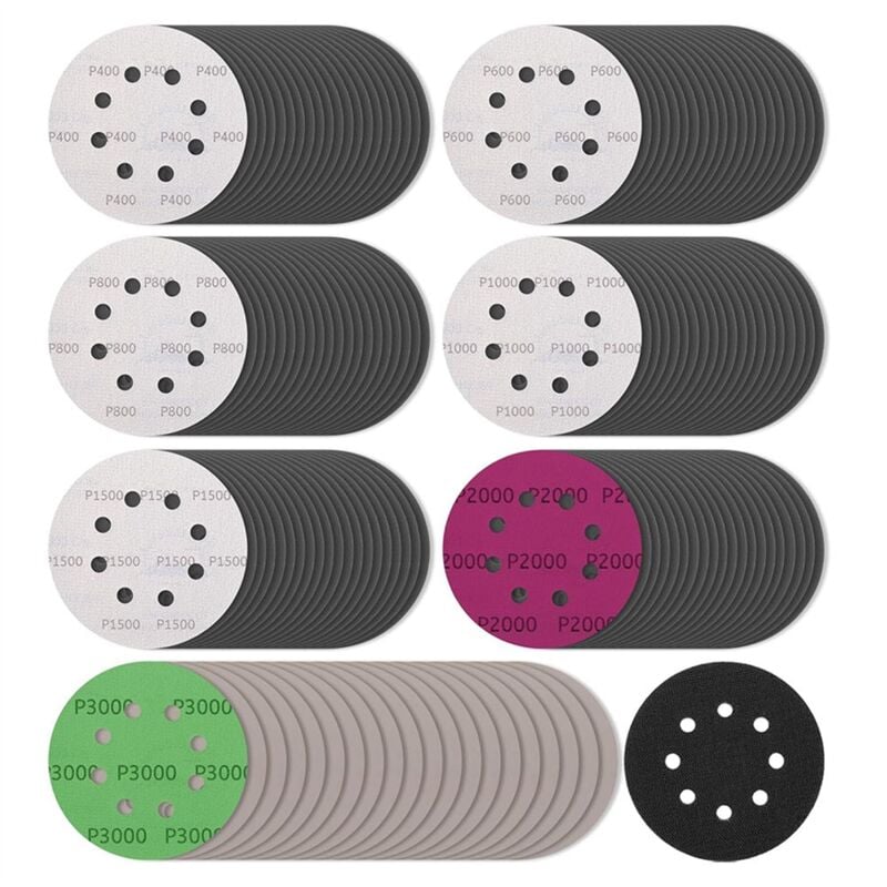 Image of 140 Stück 5 Zoll Nass-Trocken-Schleifscheiben, Klett-Schleifpapier 8 Löcher Orbital für Schleifer