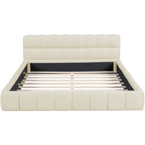 140 x 190 lit 2 Personnes, lit double avec tête et bord souples, lit capitonné, lit de sol,cadre de lit avec sommier pour adulte et adolescent, lin, beige