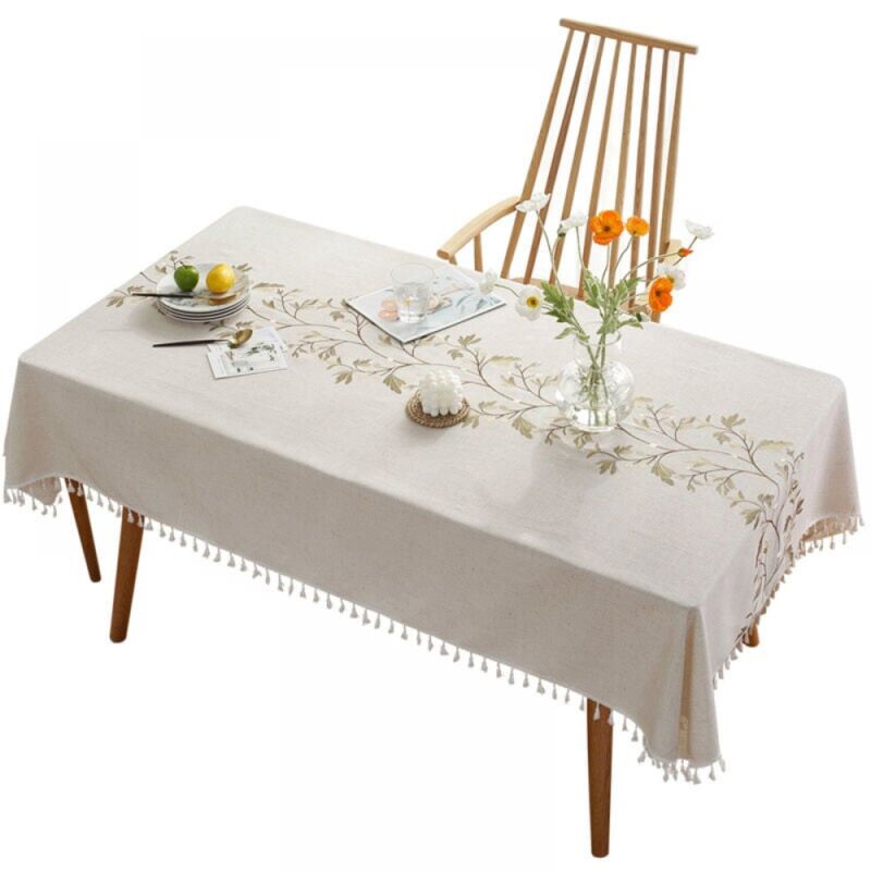 Serbia - 140 x 200 cm Nappe rectangulaire en coton et lin - Lavable - Anti-salissure - Avec pompons - Pour cuisine, salle à manger, pique-nique,