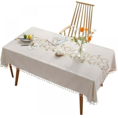 140 x 200 cm Nappe rectangulaire en coton et lin - Lavable - Anti-salissure - Avec pompons - Pour cuisine, salle à manger, pique-nique, extérieur, jardin - Feuilles kak