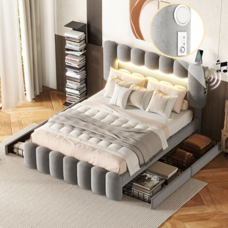 140 x 200 Polsterbett, Polsterbett mit 4 Schubladen, Polsterbet Bett mit LED-Lichtleiste mit USB und Stereoanlage, Grau