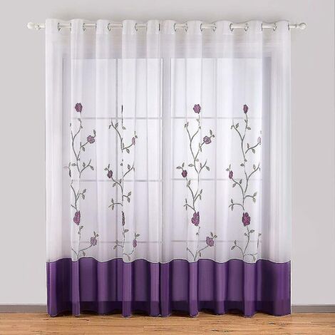 140 X 245 Cm,2 Panneaux  Violet Voile Rideaux Panneau Semi Transparent Voilage Fentre Voilage Rideaux Floral Brod Drap Avec Illet Pour Salon Chamb