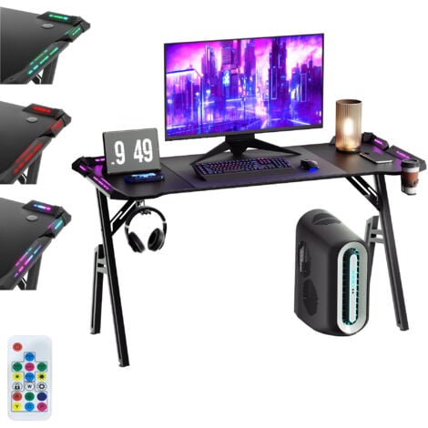 HENGMEI 140 x 60 cm A-Frame Gaming Table Bureau de jeu avec LED RVB réglable, porte-boissons, crochets pour écouteurs & repose-pieds réglables Table d'ordinateur Table PC ergonomique stable noire