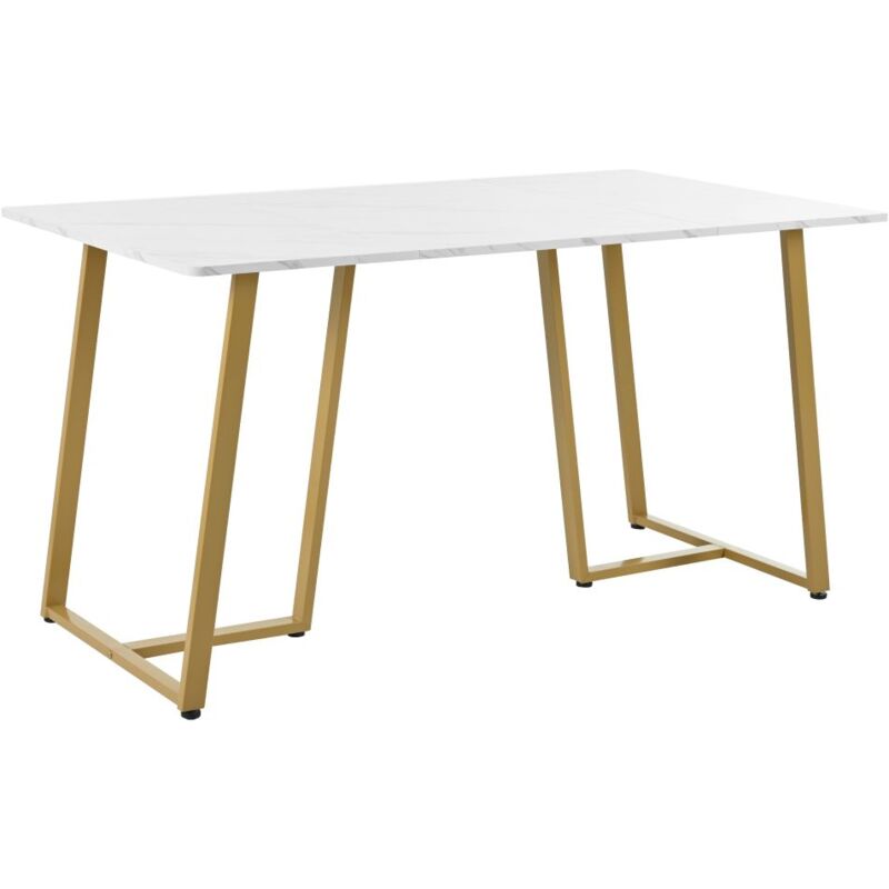 140 x 80 cm Table de cuisine moderne, structure en métal, plateau en marbre moderne avec pieds réglables -Blanc plus or
