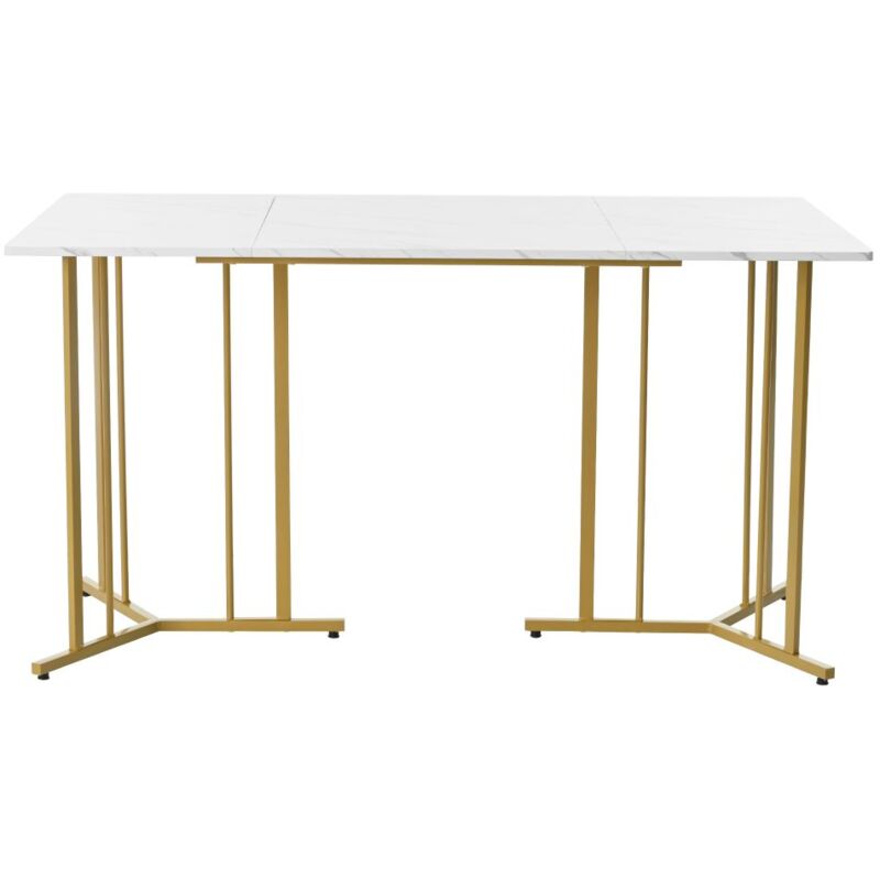 Gutent - 140 x 80cm Table de cuisine, cadre unique en métal avec pieds réglables - Blanc avec couleur or