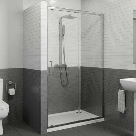 1400 x 700mm Sliding Shower Door Enclosure 8mm Glass Panel Framed Tray & Waste