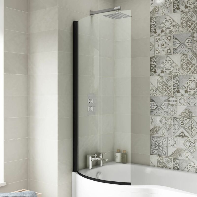1400mm p Shaped Shower Bath Screen Black Modern Bathroom Curved Hinged 6mm Glass - Clear
