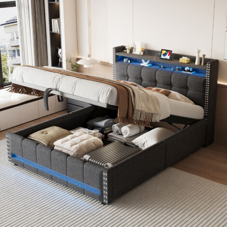 140200 cm gepolstertes Bett mit LED-Beleuchtung und USB-Anschluss, Kopfteil mit Regalen und Stauraum, mit hydraulischer Stauraumfunktion, Doppelbett für Erwachsene, grauer Leinenstoff
