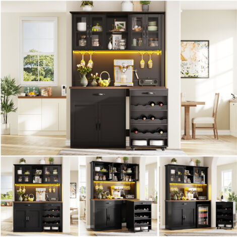 140cm Armoire de Cuisine sur Roulettes, Meuble Haut avec Éclairage LED, Buffet de Garde-Manger avec Casier à Verres à Vin & Cave à Vin, Meuble d'Appoint Lumineux pour Salon, Salle à Manger