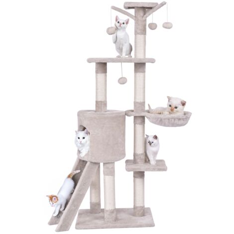 140cm Tall Cat Tree Multi-Layer Cat Tower w/Sisal Scratching Posts-Beige