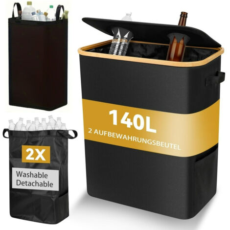 140L Bottle Recycling Bin with Lid & 2 Reusable Pouch, Black
