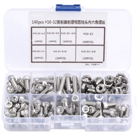 140pcs 10-32 Hex Boulons Inox Tête Hexagonale Kit Assortiment - Boulons Vis à Tête Hexagonale Creuse En Acier Inoxydable 304 - Variété de Tailles