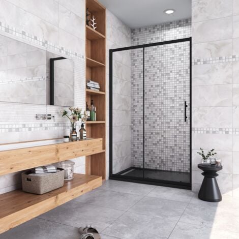 140x185 cm Box Doccia Per Nicchia Porta Scorrevole Ingresso Laterale in Vetro 5 mm Temperato Trasparente Profilo Nero Opaco